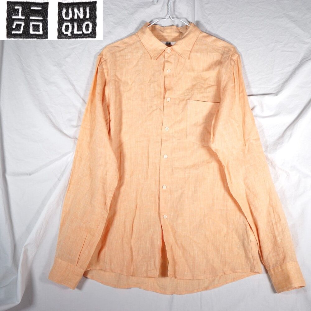 Uniqlo Button Up Long Sleeve Shirt Orange Linen Medium